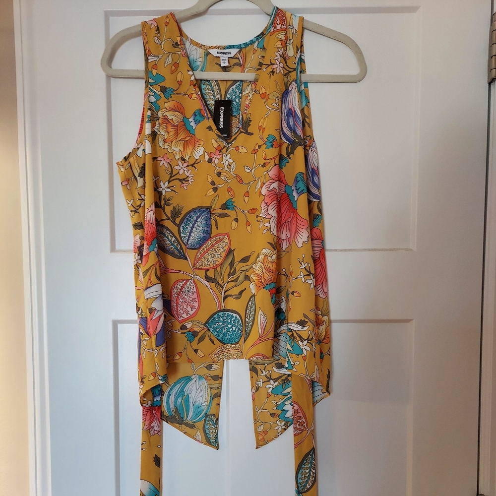 Express yellow floral tied open back blouse